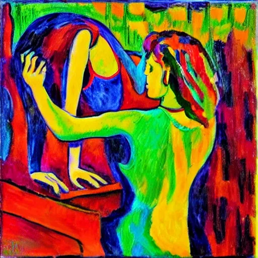 Prompt: “a woman plays the piano and her sister dances for joy, abstract art in the style of fauvism”