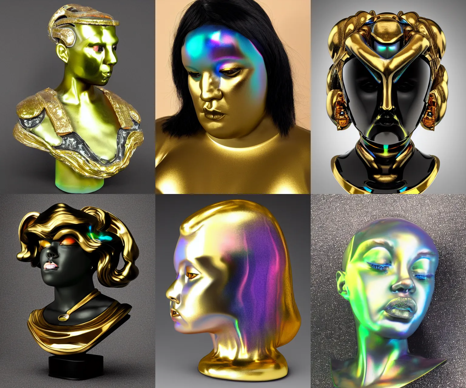 Prompt: iridescent onyx and gold bust of angry futuristic obese cyborg young black galactic empress, organic cyborg, subsurface scattering