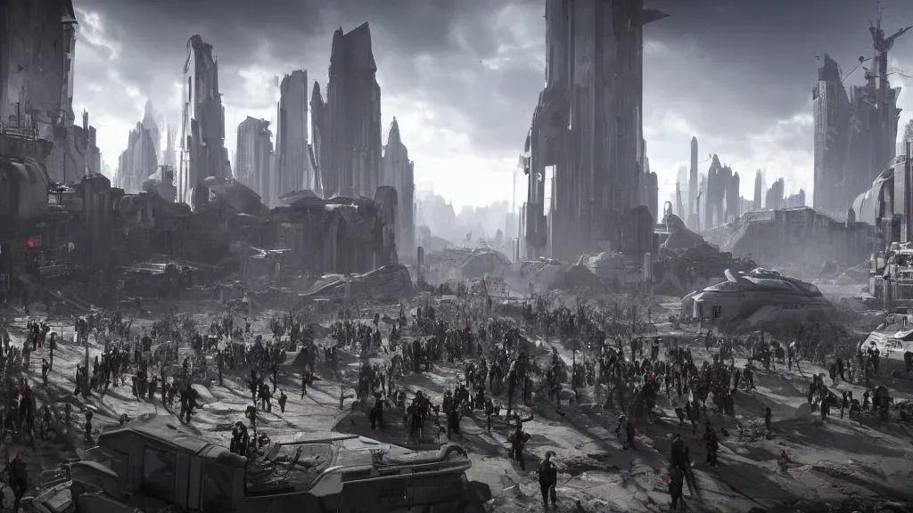 Image similar to a horde of people boarding a spaceship in a post-apocalyptic city, hyperrealistic, Cryengine 8k UHD