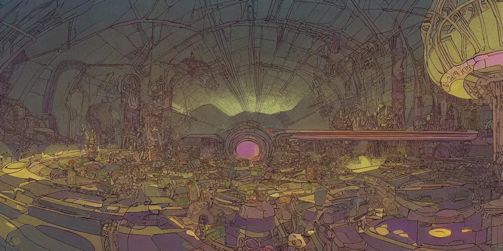 Image similar to cel shaded matte illustration of the the interior of a scifi space station with ornate elven architecture bustling with people, emerald, crystalline, detailed illustration, sharp focus, crisp lines, art by moebius, jean giraud moebius comic illustration