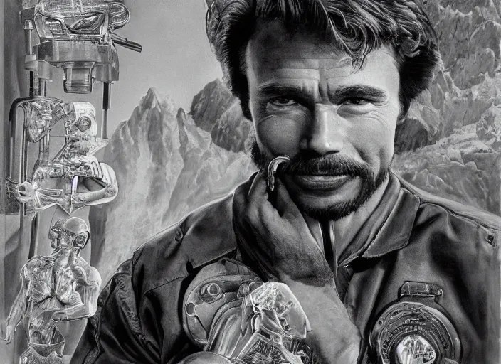 Image similar to a highly detailed arnorld schwarzenegger portrait of a dentist, james gurney, james jean