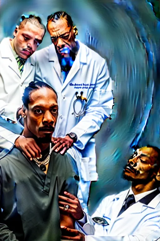 Prompt: Dr. Dre as a medical doctor treating Snoop Dogg in an emergency room