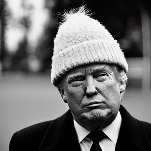 Prompt: Donald Trump with a wooly hat, 35mm photograph