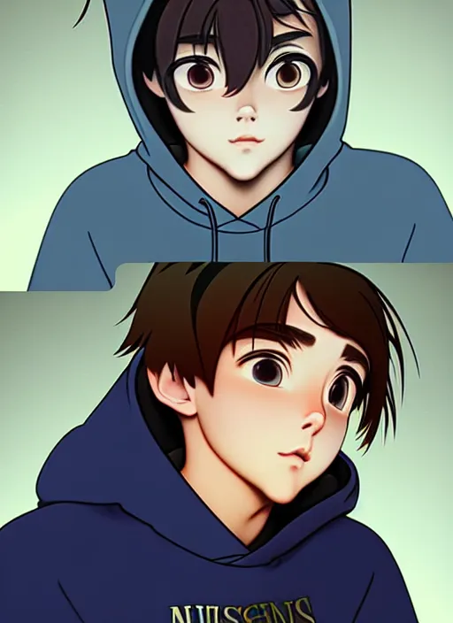 Image similar to teen boy with brown hair and big blue eyes, wearing a black hoodie with cat ears on top of it, natural lighting, path traced, highly detailed, high quality, cartoon, digital painting, by don bluth and ross tran and studio ghibli and alphonse mucha