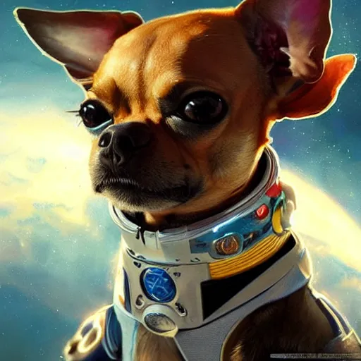 Prompt: A chihuahua as a space captain, intricate suit, cinematic lighting, highly detailed, digital painting, artstation, concept art, smooth, sharp focus, illustration, art by Artgerm and Greg Rutkowski