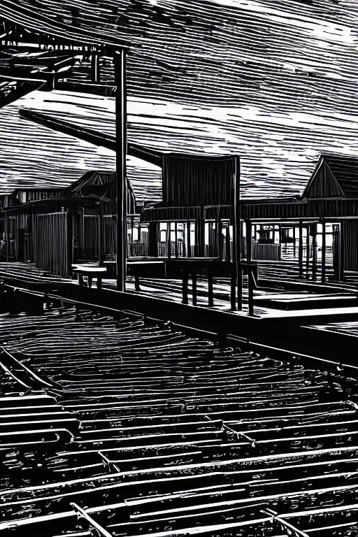 Prompt: a beautiful linocut print on paper of waterlo station platforms, 8 k, frostbite 3 engine, cryengine, dof, trending on artstation, digital art, crepuscular ray, by gail brodholt