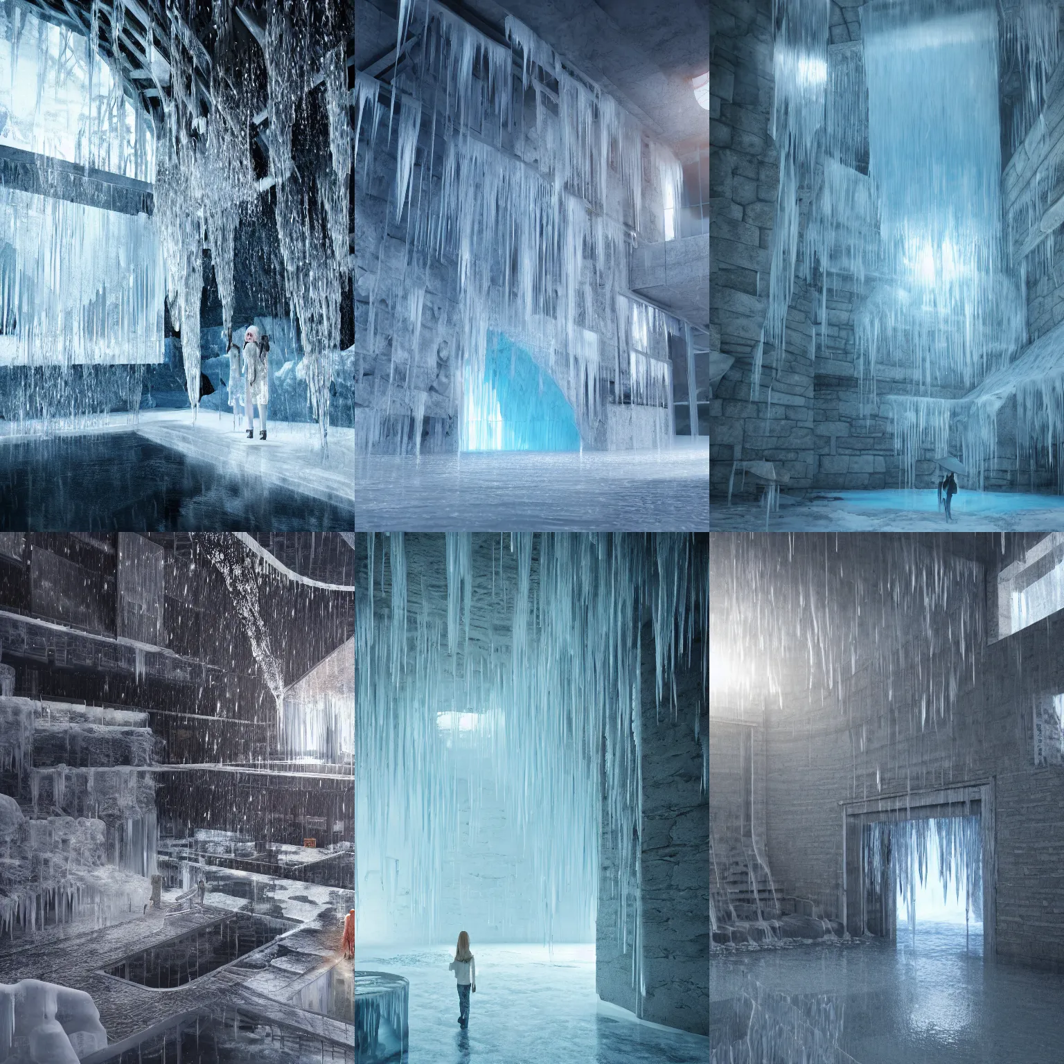 Prompt: water cascading down all the sides of a solitary building on to ice below, japanese girls watch, misty, trending on art station, global illumination, radiant light, detailed and intricate environment