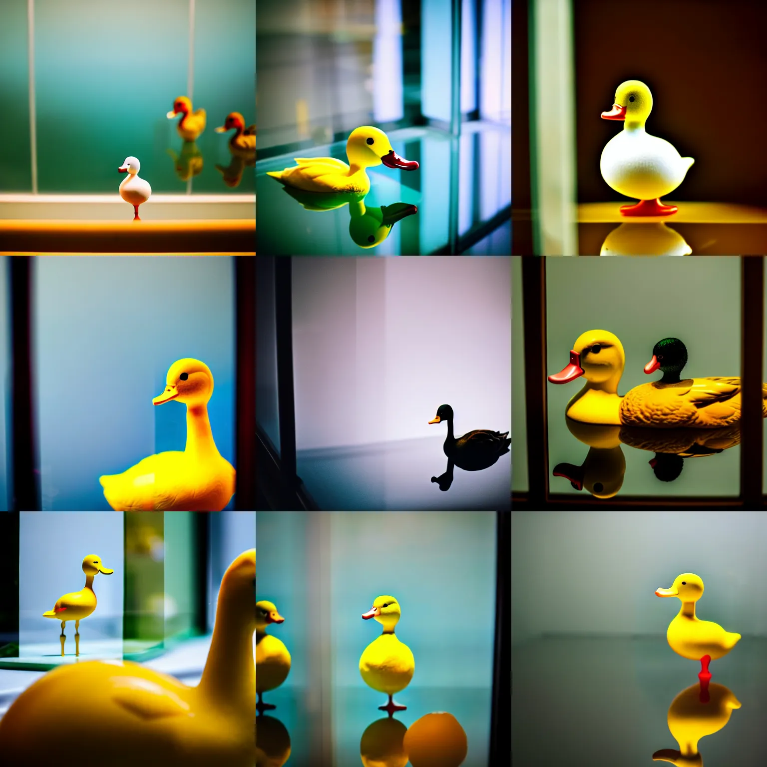 Prompt: a close up photo of a [ gallery room ] ( with a transparent duck made of glass in foreground ), professional photography