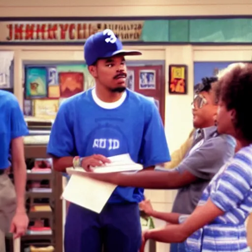 Image similar to a tv still of Chance The Rapper starring as a black college student at Jones College Prep in a 1993 sitcom