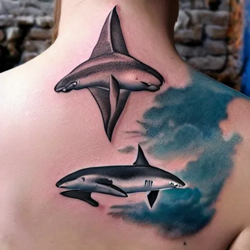 Prompt: ocean creative double exposure effect with sharks, medium - sized tattoo sketch, amazing detail, trending on pinterest