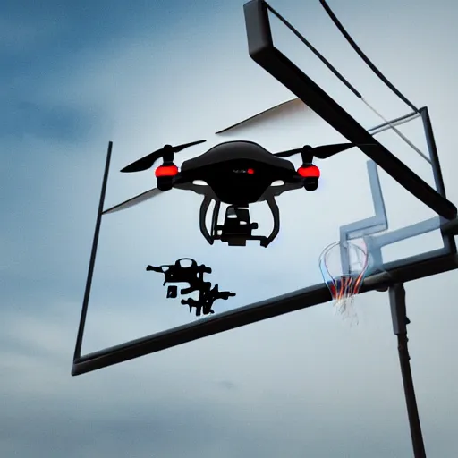 Image similar to flying drone robot with basketball hoop on drone robot body