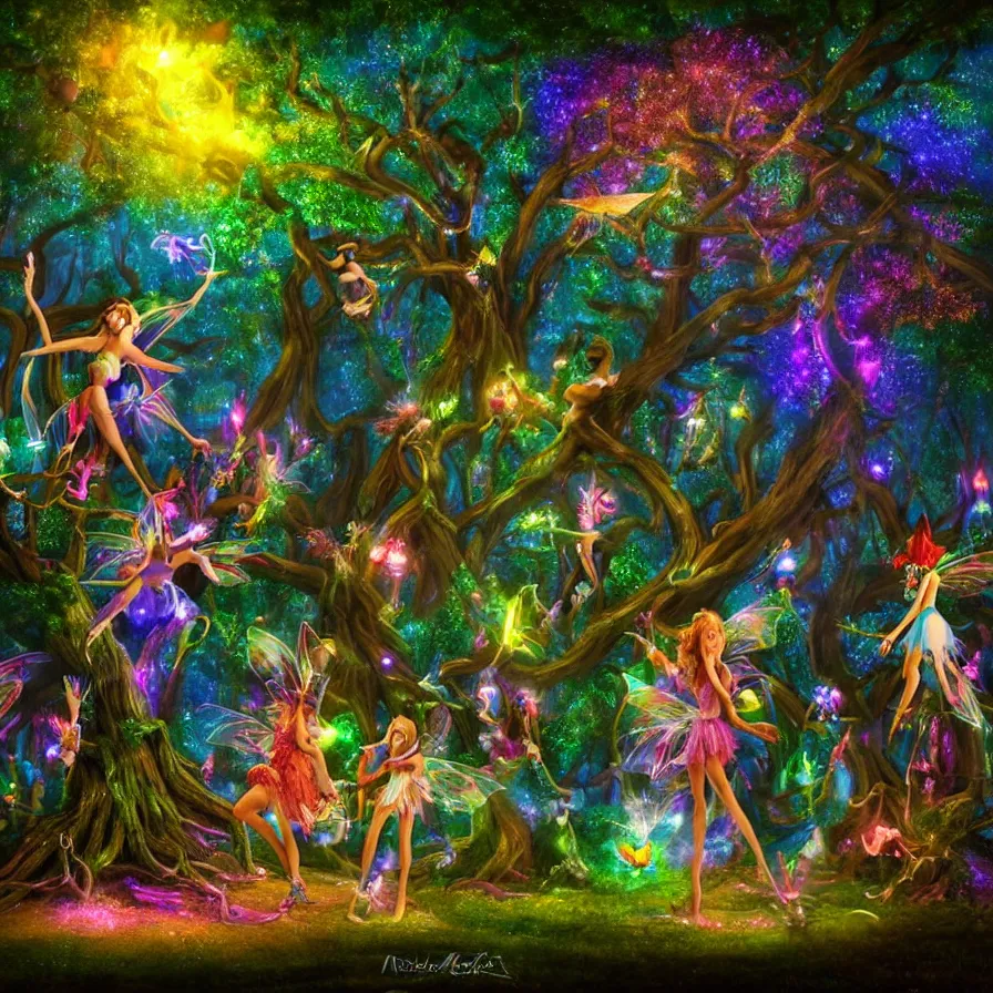 Prompt: a night carnival fairies around a magical tree next to a lake with iridiscent water, christmas lights, volumetric lightning, creatures and fantastic people disguised as fantastic creatures in a magical forest by summer night, masterpieceunderwater scene, masterpiece painted by kelton nelson, scene by night