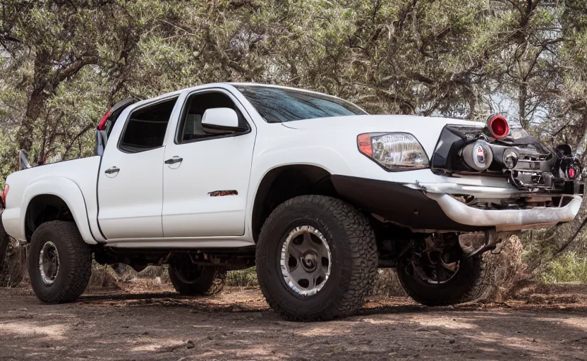 Prompt: wideshot of a UB-32 rocket pod mounted on a Toyota Tacoma, highly detailed, 4k photo, shot with sony alpha