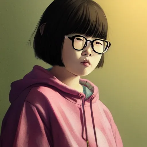 Prompt: portrait of a slightly overweight cute korean girl with a Bob cut, wearing round glasses, wearing a pastel pink hoodie, dramatic lighting, anime illustration by Greg rutkowski, yoji shinkawa, 4k, digital art, concept art, trending on artstation, アニメ, featured on pixiv