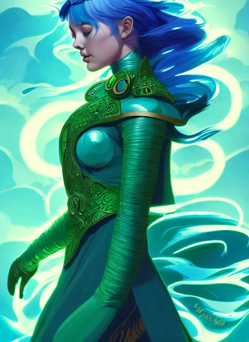 Image similar to style artgerm, joshua middleton, illustration, ariana grande as a high priestess wearing green pelt light armor, blue hair, swirling water cosmos, fantasy, dnd, cinematic lighting