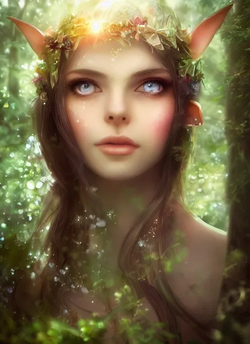 Prompt: beatiful ethereal elf princess in an enchanted forest, focus on the face and eyes, 3/4 side view, hair jewellery, fully clothed, light mist, light rays sieving through the trees, shallow depth of field, coherent composition, by Yuumei, by Artgerm, by WLOP