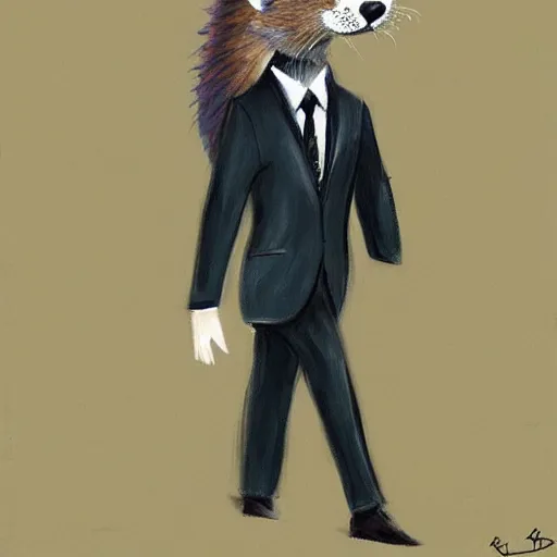 Image similar to well proportioned, stylized expressive master furry art painting by blotch and rukis of an anthro otter, full body, wearing suit and tie, walking to his job