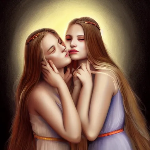 Prompt: a painting two young women in their twenties hugging, they are both beautiful with long blond hair, one of the girls has a halo above her head and angel wings, highly detailed, digital art