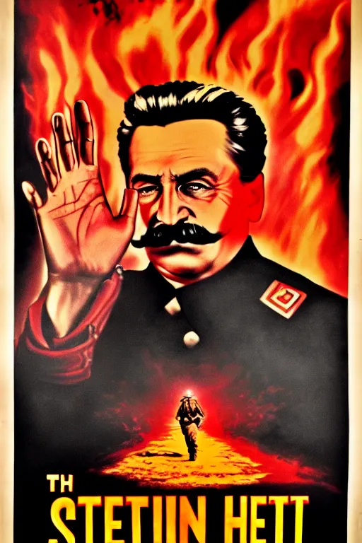 Image similar to movie poster, stalin in hell, scary poster in color, poster in 4 k