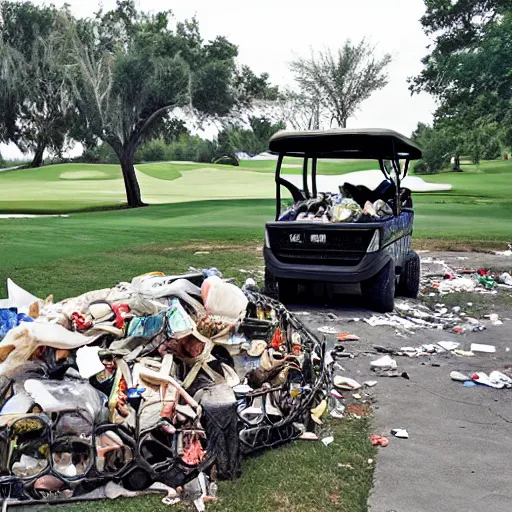 Prompt: one large alligator chained up next to a very large mound of trash, papers, junk, and golf cart parts