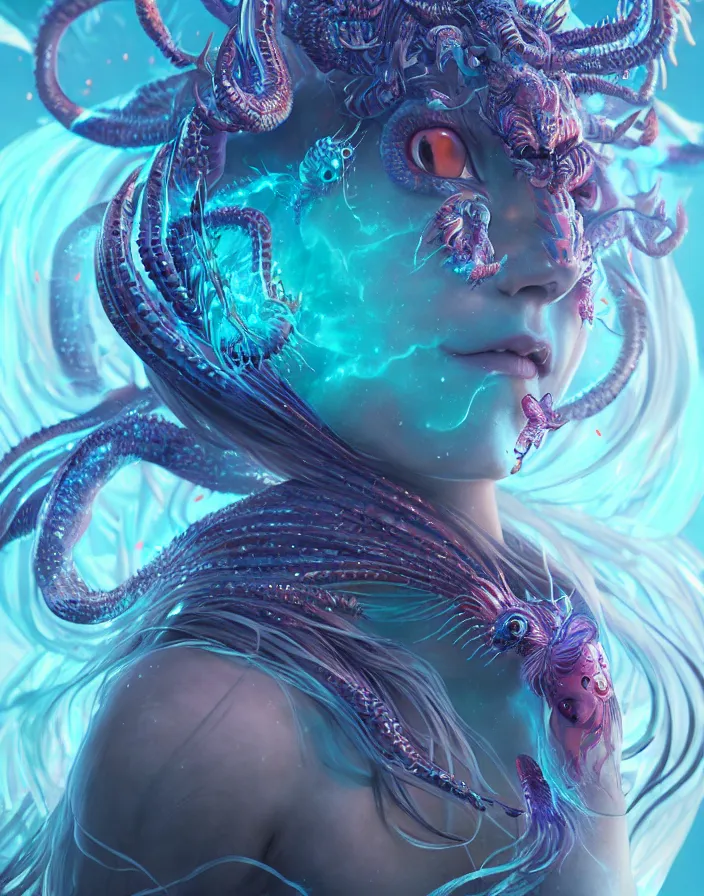 Prompt: demon goddess close-up portrait tribal slavic princess, jellyfish phoenix dragon, butterfly squid, burning halo, intricate artwork by Tooth Wu and wlop and beeple, greg rutkowski, very coherent symmetrical artwork, cinematic, hyper realism, high detail, octane render, unreal engine, 8k, Vibrant colors, Smooth gradients, High contrast, depth of field, aperture f1.2