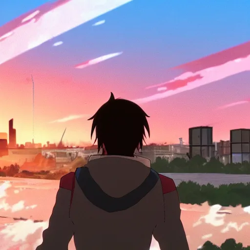 Prompt: anime screencap with destroyed city and bright red sky