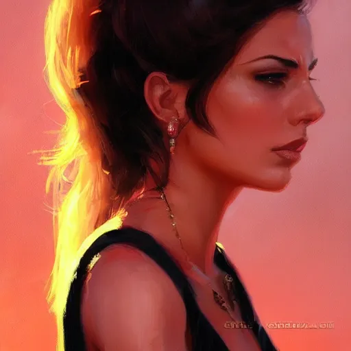 Image similar to a closeup portrait of monica belucci, dramatic light, city background, sunset, high contrast, sharp, painted by stanley lau, painted by greg rutkowski, painted by stanley artgerm, digital art, trending on artstation