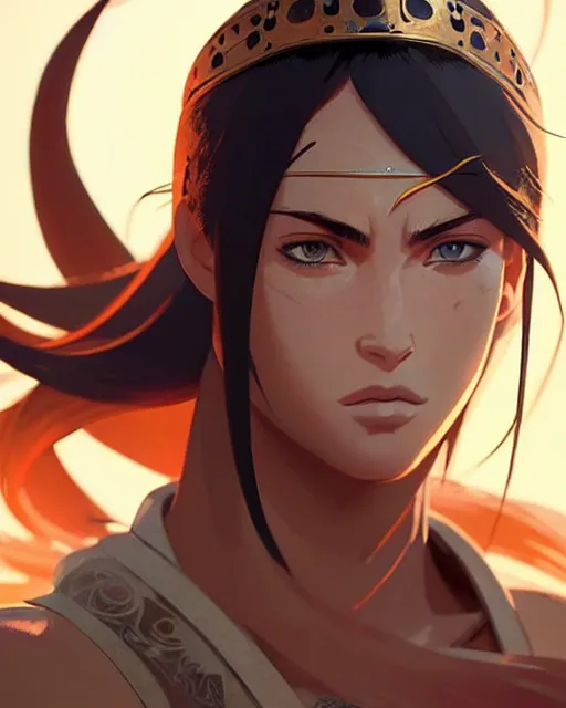 Image similar to azctec warrior, megan fox, finely detailed perfect face, exquisite details, fire magic, mid view, design on a white background, by studio muti, greg rutkowski makoto shinkai takashi takeuchi studio ghibli