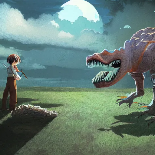 Image similar to Dinosaur Egg Omelette, fantasy art, illustration, natural, fantasy, art by Hayao Miyazaki, Makoto Shinkai