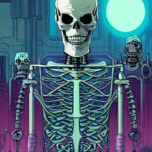 Image similar to portrait of a cybernetic evil undead skeleton sorcerer, cyberpunk concept art by josan gonzales and moebius and enki bilal and and dan mumford and jean claude meziere and philippe druilleg