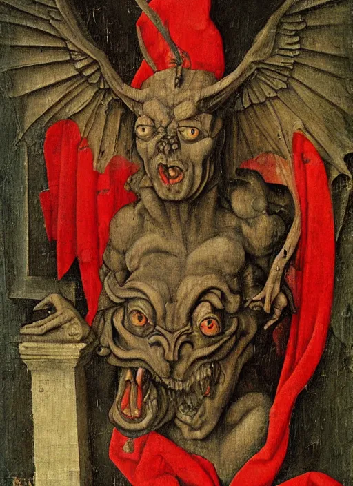 Image similar to red devil Gargoyle, Medieval painting by Jan van Eyck, Hieronymus Bosch, Florence