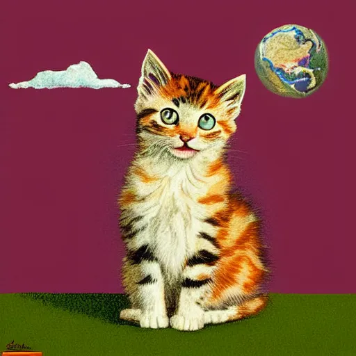 Prompt: An illustration of a fuzzy picky face kitten sitting on the top of planet earth, digital art, in the style of Norman Rockwell