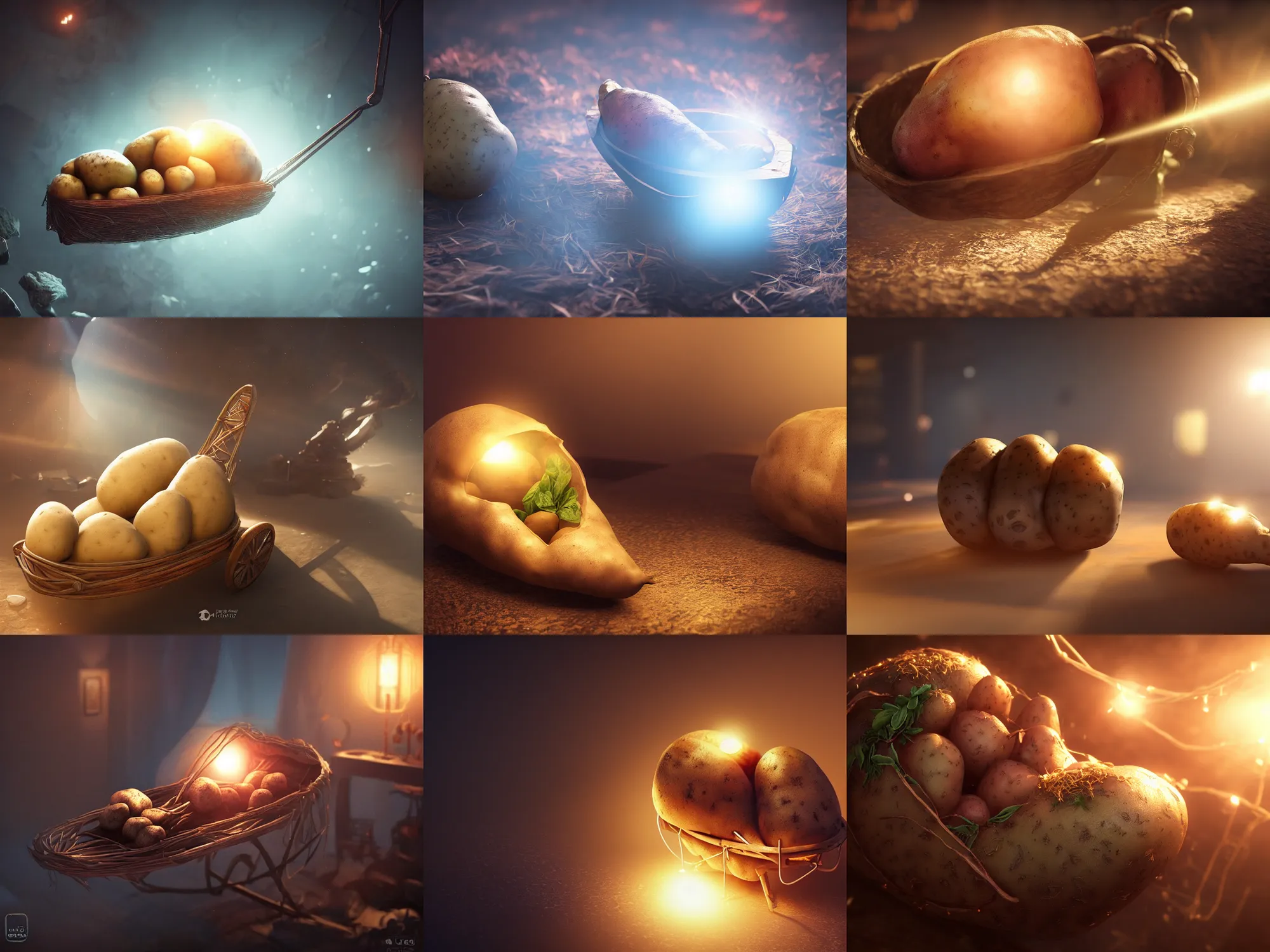 Prompt: potato in a cradle, ultra realistic, lens flare, atmosphere, glow, detailed, intricate, full of colour, cinematic lighting, trending on artstation, 4 k, hyperrealistic, focused, extreme details, unreal engine 5, cinematic, masterpiece