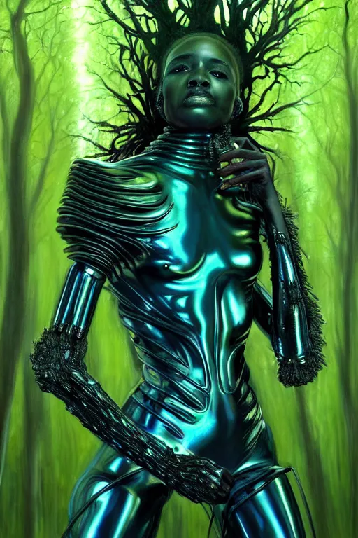 Image similar to hyperrealistic post - baroque super expressive! black woman with exoskeleton armor, merging with tree in a forest, highly detailed digital art masterpiece smooth cam de leon eric zener dramatic pearlescent blue green light ground angle hd 8 k sharp focus