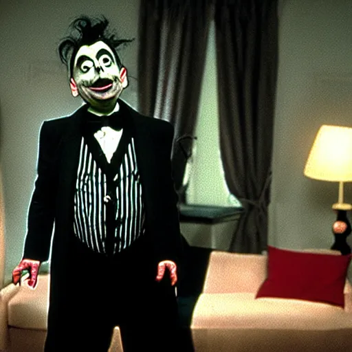 Prompt: mr. bean as beetlejuice. movie still. cinematic lighting.