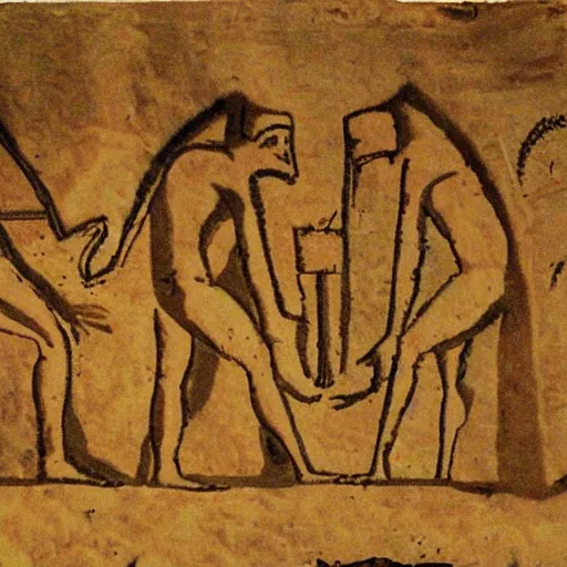 Prompt: cave painting of aliens building the pyramids