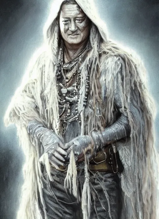 Prompt: John Wayne and Johnny Depp (((fused together))), white glowing eyes, silver shaggy hair, cloak, ethereal wings, male, fantasy, extremely detailed, digital painting, artstation, concept art, smooth, sharp focus, illustration, stunning lighting, art by artgerm and greg rutkowski and alphonse mucha and simon stalenhag, realistic character concept, high fantasy, light atmosphere, golden ratio, cinematic lighting, hyperdetailed, high resolution, insanely detailed and intricate, artstation, Marc Simonetti, Greg Rutkowski, 8k