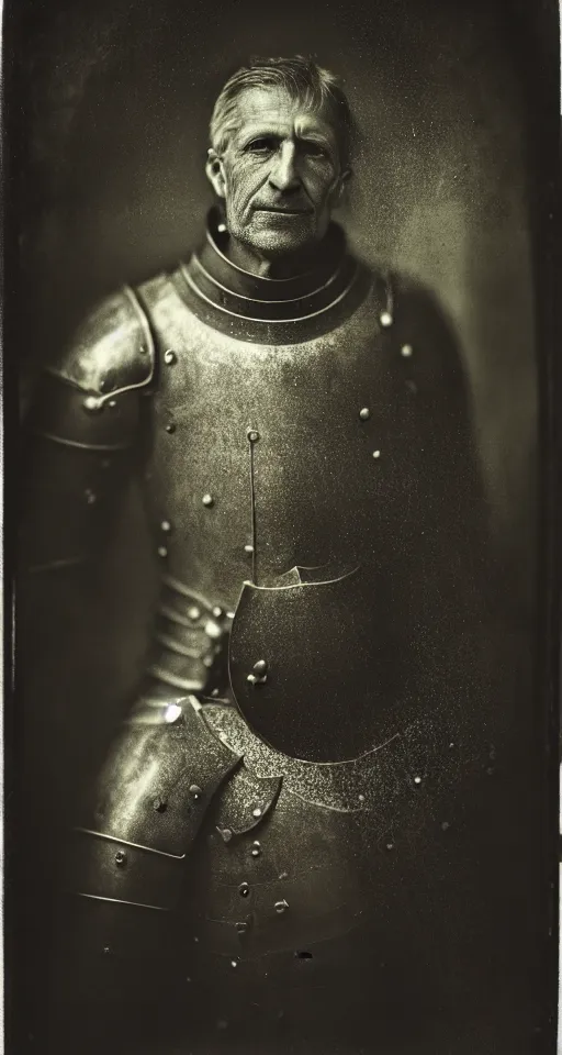 Image similar to a wet plate photograph, a portrait of an old knight