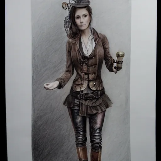 Prompt: hyper realistic full body pencil drawing of a woman steampunk facing the camera, standing on a road, water color, detailed, diffused, intricate,