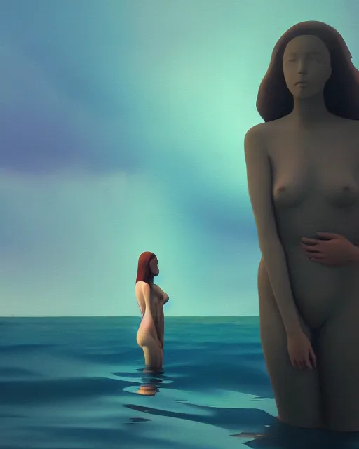 Image similar to a painting of a woman standing in the water. the woman is standing in front of a statue, a screenshot by stanley twardowicz, cgsociety, aestheticism, aesthetic, vaporwave, anime aesthetic, volumetric lighting