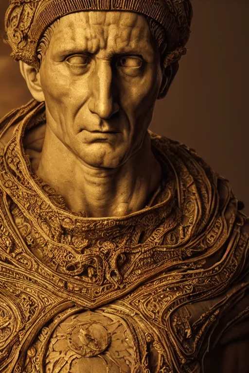 Image similar to a portrait of julius caesar, ancient roman setting, dynamic pose, close - up, intricate details, intricately detailed clothing, intricate textures, warm lighting, vivid colors, smoke and mist, realistic octane render, hyper realistic render, volumetric shading, depth of field, raytracing, 8 k,