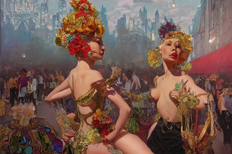 Image similar to a beautiful realistic painting of ( ( ( ( ( ( isabelledeltore ) ) ) ) ) ) in the 1 9 8 0 s carnival in the city of sydney, australia intricate, elegant, highly detailed, digital painting, artstation, concept art, by krenz cushart and artem demura and alphonse mucha