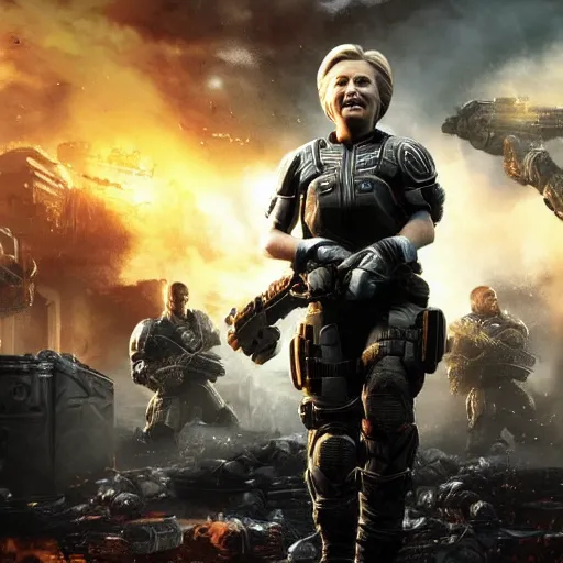 Image similar to hillary clinton in gears of war, splash art, movie still, detailed face, photorealistic facial features, cinematic lighting, dramatic, octane render, long lens, shallow depth of field, bokeh, anamorphic lens flare, 8 k, hyper detailed, 3 5 mm film grain