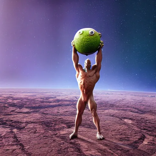 Prompt: a muscular frog holding planet earth over its head, octane render, cinematic rendering, 8 k, octane, digital art