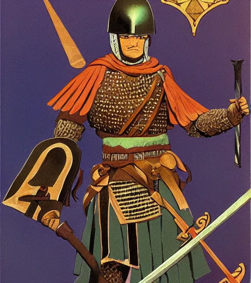 Image similar to character art illustration of a medieval Byzantine infantry warrior by Angus McBride.