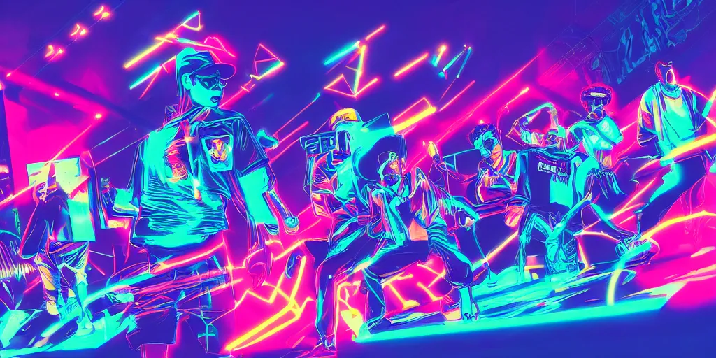 Image similar to multicultural rap show with vaporwave light show, digital art, hip hop, tron, trending on Artstation, professional artist, detailed, 4k