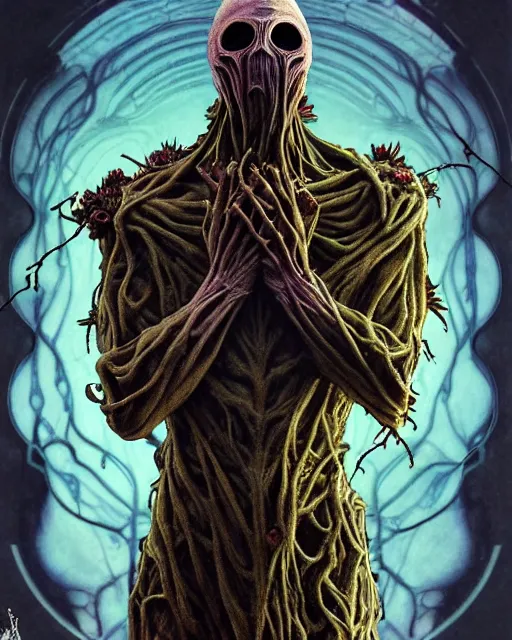 Image similar to the platonic ideal of flowers, rotting, insects and praying of cletus kasady ultimate carnage thanos dementor doctor manhattan chtulu nazgul bioshock davinci, d & d, fantasy, ego death, detailed, intricate, hyperrealism, intense, scary, decay, dmt, art by artgerm and greg rutkowski and alphonse mucha