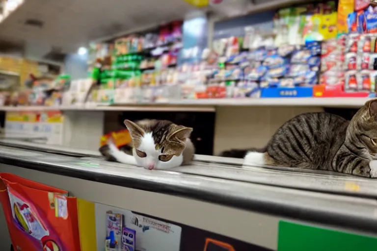 Image similar to cat on the counter in 7 - eleven next to a pack of cigarettes wide angle lens