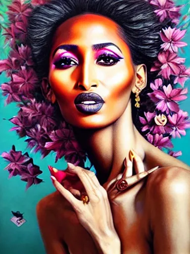 Image similar to portrait of iman with a floral background : : painted by artgerm, karol bak, artur bordalo, sandra chevrier : : portrait, character, illustration, hyperrealism, photorealism