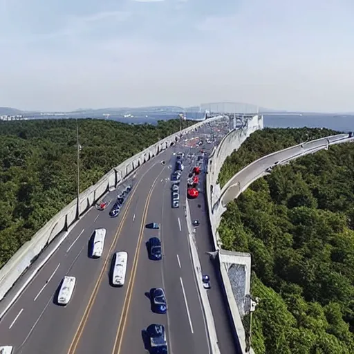 Prompt: drone image of bumper-to-bumper traffic on Tuzla Island Crimea Bridge